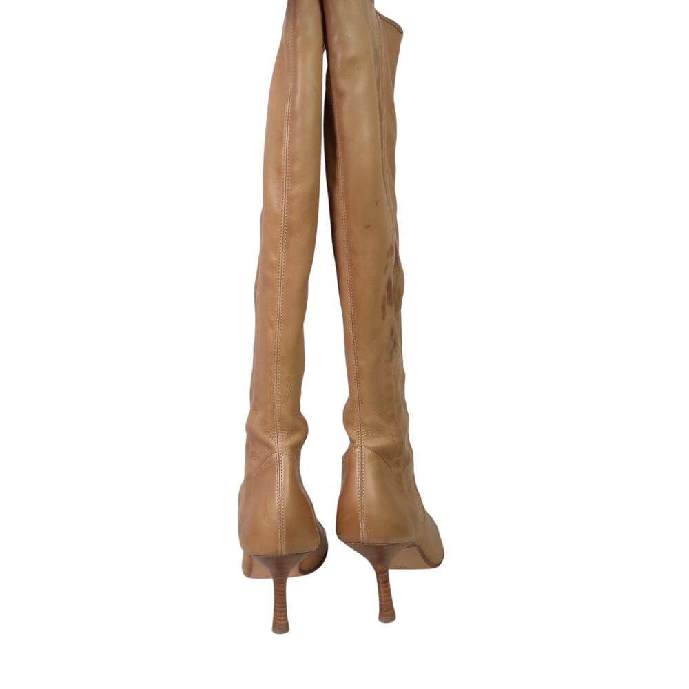 Vintage Chanel Tan Leather Pointed Toe Knee High Heeled Boots 8.5 - Picture 5 of 12